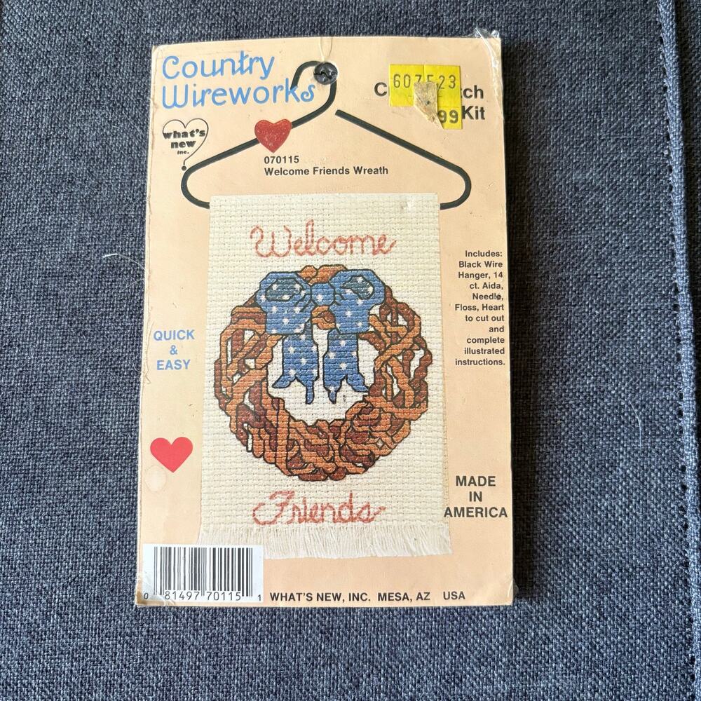 Welcome Friends Wreath Vintage Counted Cross Stitch Kit by Country Wireworks 80s